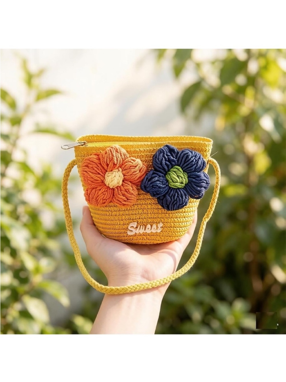 Mini Yellow Crochet Crossbody Bag with Floral Appliqués